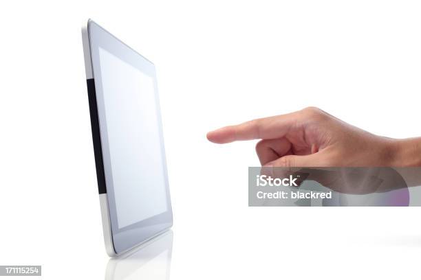 Hand Pointing At Touch Screen Tablet Stock Photo - Download Image Now - Aiming, Digital Tablet, Men