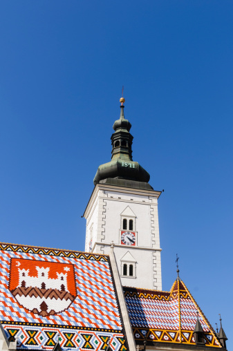 The tower of St. Mark's Church which is famous for its elaborate and colorful tiled roof. Zagreb, Croatia