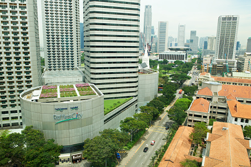 Singapore, Singapore - May 05, 2012: aerial view of Raffles City Building in North Bridge Road.