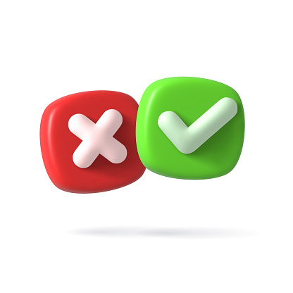 Vector Render 3d of Right Check Mark box. Green Approvement icon or emblem. Vector illustration