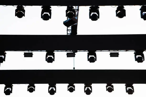 Structure to support the spotlights of a stage before a musical concert outdoors.