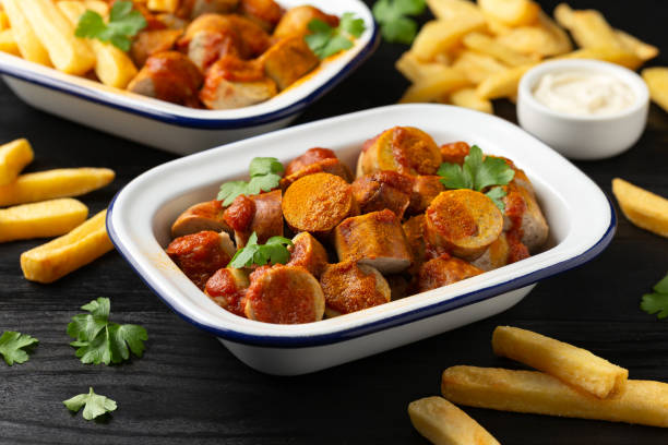 istock Traditional German currywurst, served with potato chips and sauce 1711170836