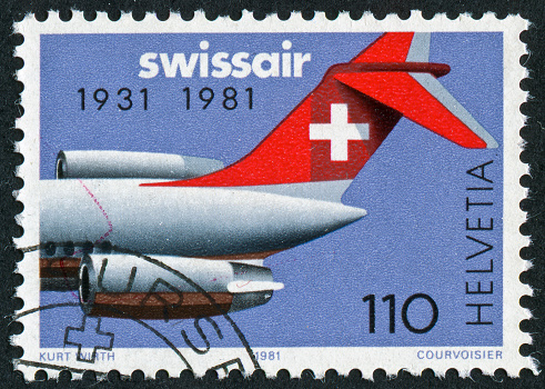 Richmond, Virginia, USA - May 16th, 2012:  Cancelled Stamp From Switzerland Featuring A Swissair Airplane.