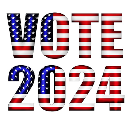 The words Vote 2024, in the colors of the American national flag, urges US citizens to vote in their democratic elections.