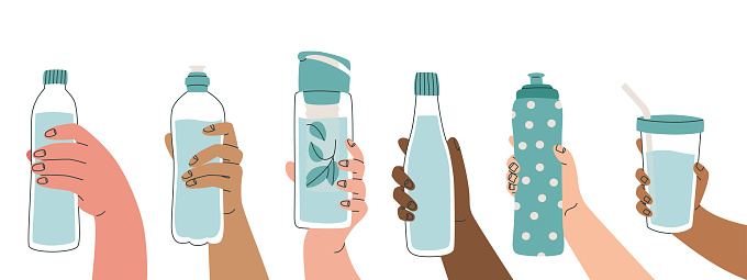 Reusable water container. Various poses of hands holding bottle, tumbler, sports water bottle. Use your own bottle. Vector isolated minimalistic illustration for design.
