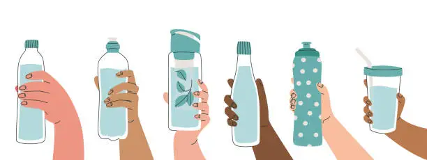 Vector illustration of Reusable water container. Various poses of hands holding bottle, tumbler, sports water bottle. Use your own bottle. Vector isolated minimalistic illustration for design.