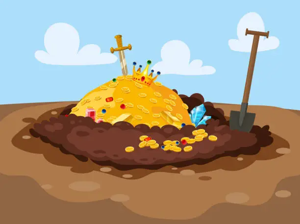 Vector illustration of Treasure pile full of treasures, gold coins, Digging Hole in the ground,