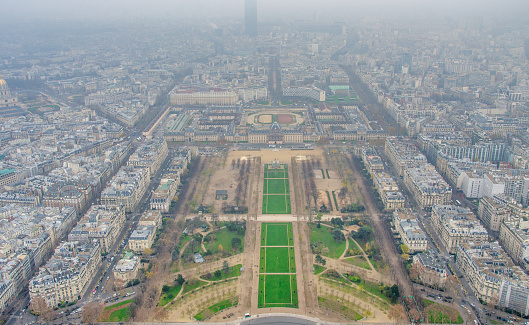 Aerial view of Paris streets and buildings.