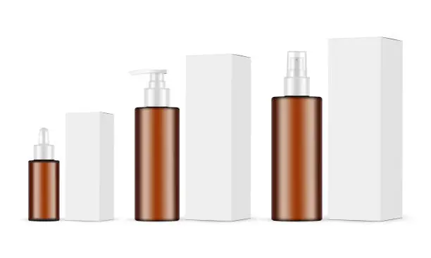 Vector illustration of Set of Amber Cosmetic Bottles, Dropper, Spray, Pump, Packaging Boxes
