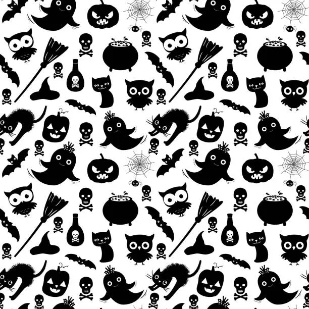 Vector illustration of Black and white vector seamless pattern with animals and Halloween design elements for invitations and greeting cards