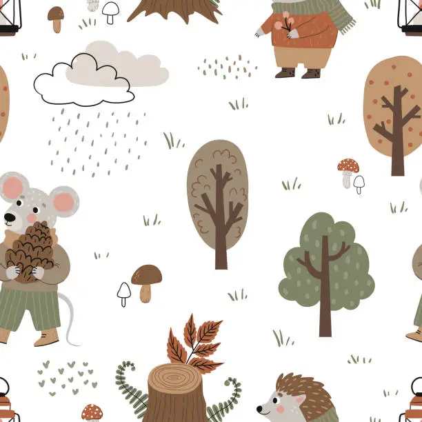 Vector illustration of Seamless pattern with hedgehog, mouse.