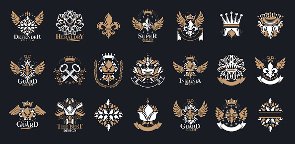 Classic style De Lis and crowns emblems big set, lily flower symbol ancient heraldic awards and labels collection, classical heraldry design elements, family or business emblems.
