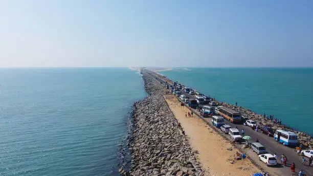 Arichal Munai a Coastal lookout marking the end point of the Indian mainland, is popular for viewing ocean sunsets, Dhanushkodi, Tamilnadu, India.