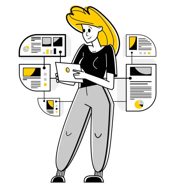 Vector illustration of Intellectual worker woman making analysis of some data on pc or web, data systematization, collecting and analyzing information, vector outline illustration.