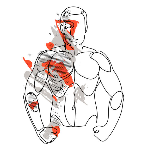 istock Linear drawing of a perfect body fit model man posing vector illustration isolated, muscular macho sexy guy with naked torso topless. 1711259562