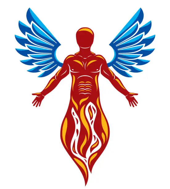 Vector illustration of Vector graphic illustration of strong male, body silhouette created with bird wings. Reborn from flame idea.
