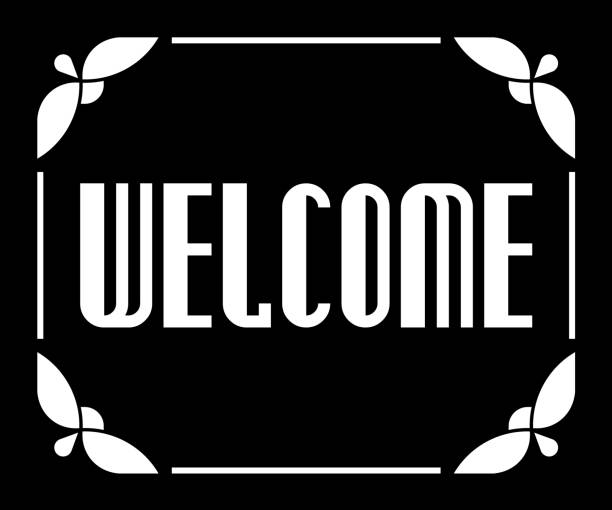 ilustrações de stock, clip art, desenhos animados e ícones de welcome text vector sign with retro frame border in vintage style - line art welcome sign white black