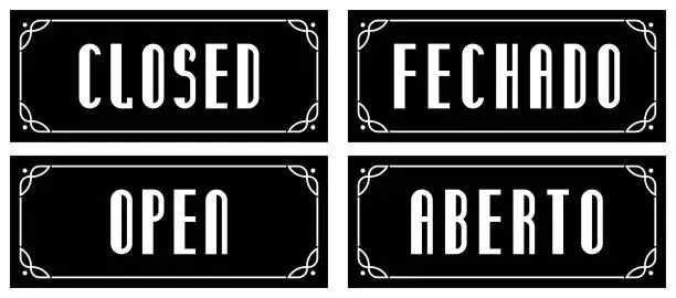 Vector illustration of Open - Closed long vector rectangular signboards with border frames