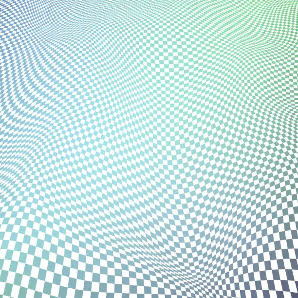 Vector illustration of An intricate 3D surface displaying a checked pattern of warped squares, blended in shades of green and blue, showcased with perspective.