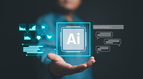 Chat with AI Technology. Man show virtual graphic global Internet chatting with AI, Artificial intelligence by enter command prompt for generates result, Futuristic digital transformation.