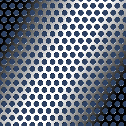 This image presents a visually striking interplay between a reflective metallic surface and a vivid blue backdrop. The metal surface is punctuated by a series of circular apertures, creating a unique pattern and texture. The contrast between the smoothness of the metal and the geometric punctures adds a layer of complexity and interest to the composition, making it a versatile background suitable for a variety of uses.