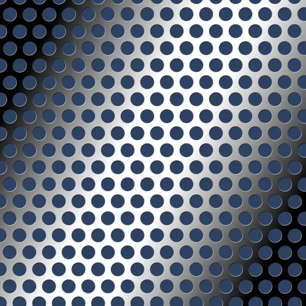 Vector illustration of Reflective metal surface featuring circular apertures with a vibrant blue background.
