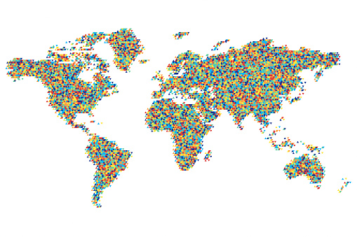 Embark on a global voyage with this colorful world map, intricately composed of tiny triangles. Each triangle, unique in color, comes together to form a geometric mosaic representing the continents and oceans. The multi-colored scheme adds a lively and modern twist to the traditional representation of the world, making geographical boundaries a canvas of geometric artistry. The tiny triangles, with their pointed edges, create a dynamic texture, making the map not only a visual delight but also an engaging educational tool. This design is a fantastic choice for classrooms, design projects, or any space where a blend of geography and modern art is desired.