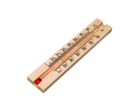 Room thermometer.  Wooden thermometer with high temperature close-up Isolated on a white background.