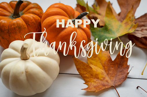 Happy Thanksgiving! Autumn centerpiece with orange pumpkin, leaf decorations