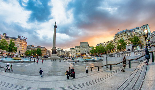 London - September 2012: Trafalgar Square at sunset.