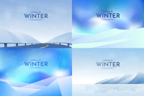 Vector illustration of Vector illustration. Flat winter landscape. Simple snowy backgrounds. Snowdrifts.  Snowfall. Clear blue sky. Blizzard. Snowy weather. Winter season. Panoramic wallpapers. Set of backgrounds.