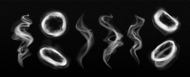 Hookah vape smoke circle and tornado vector effect Hookah vape smoke circle and tornado vector effect. 3d realistic abstract white cigarette cloud steam swirl set. Isolated mist flow motion frame and wave curve illustration on black background. vape smoke on black stock illustrations