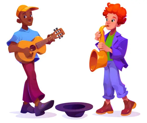 Vector illustration of Male street musicians playing guitar and saxophone