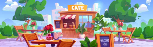 Vector illustration of Outdoor cafe booth with table on street scene