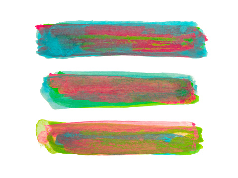 Stripes of mixed blue, red and green acrylic paint on white background with clipping path