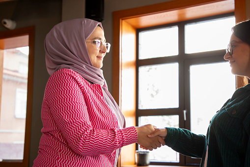 Two young women shaking hands in the office