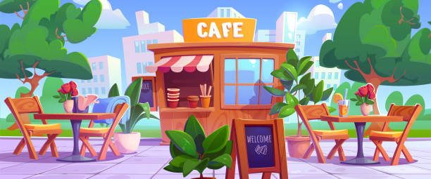 ilustrações, clipart, desenhos animados e ícones de cabine de café ao ar livre com mesa na cena da rua - red rose tea company rose red backgrounds