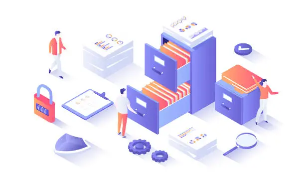 Vector illustration of File organization service. Document archiving concept. Organized data storage system. Drawers with folders and documents. Isometry illustration with people scene for web graphic.