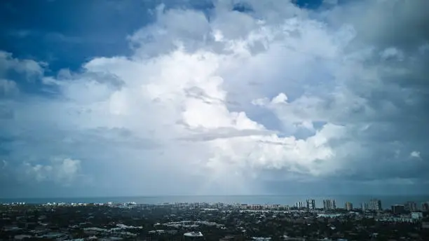 Wide aerialshot. Storm tropical clouds at day time. Formation of a thunderstorm front. . High quality photo