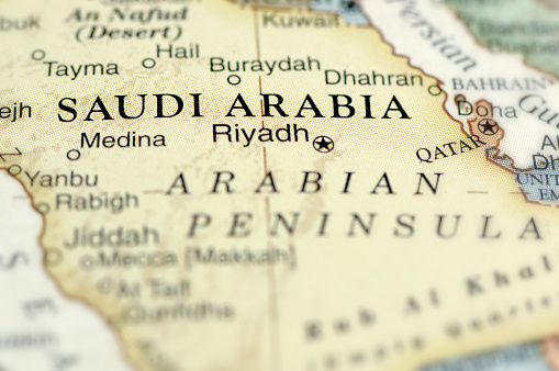 A macro photograph of Saudi Arabia from a Desktop Globe. Adobe RGB color profile.