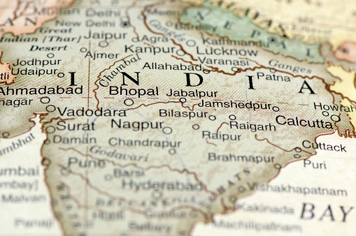 A macro photograph of India from a desktop globe. Adobe RGB color profile.