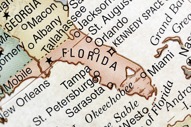 Closeup of Florida on a papyrus map stock photo