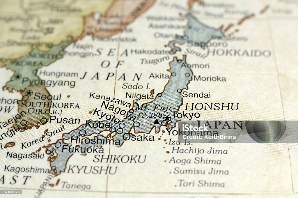 Antique map displaying Japan and surrounding areas A macro photograph of Japan from a desktop globe. Adobe RGB color profile. Japan Stock Photo