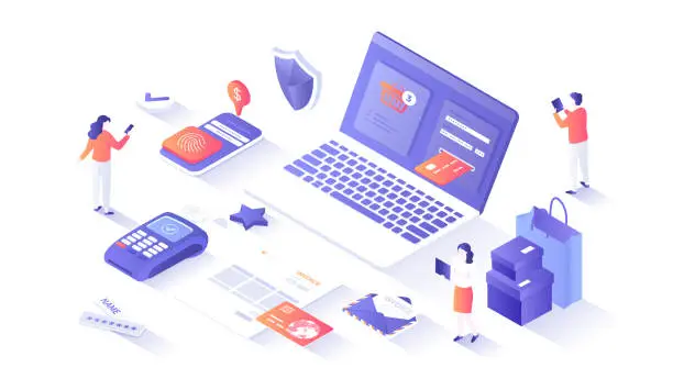 Vector illustration of Online Payment. Paying bill, invoice, shopping online, e-commerce market. Сredit card transaction, money transfer with laptop. Isometry illustration with people scene for web graphic.