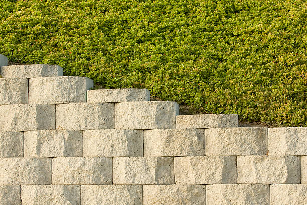 Retaining Wall and Plantings Above, Background, Pattern, Diagonal Ground cover grows above retaining wall. Nice pattern or background. hardscape photos stock pictures, royalty-free photos & images