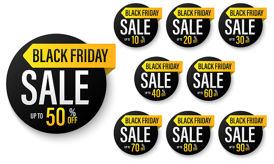 Set of 10, 20, 30, 40, 50,60, 70, 80, 90% discount for Black Friday banner. Modern design black, and yellow typography. Template for promotion, advertising, and web Black Friday season. Vector.