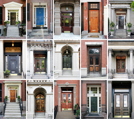 Fifteen photos of front doors on a grid 