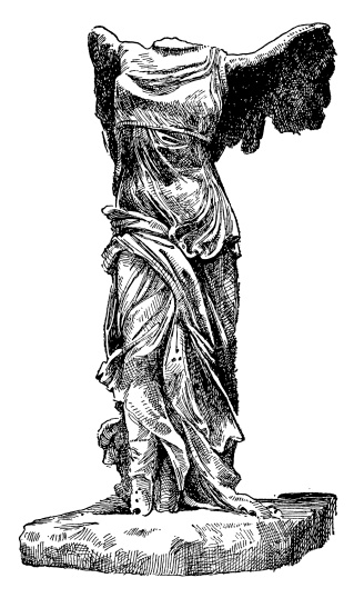 Antique XIX century engraving of the Winged Victory of Samothrace, also called the Nike of Samothrace, a third century B.C. marble sculpture of the Greek goddess Nike (Victory). Photo by N.Staykov (2008)