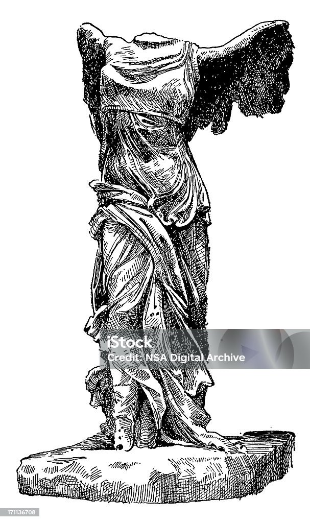 Nike of Samothrace Antique XIX century engraving of the Winged Victory of Samothrace, also called the Nike of Samothrace, a third century B.C. marble sculpture of the Greek goddess Nike (Victory). Photo by N.Staykov (2008) Statue stock illustration