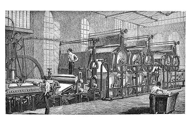 illustrazioni stock, clip art, cartoni animati e icone di tendenza di incisione di fabbrica che produce carta 1850 - industrial age